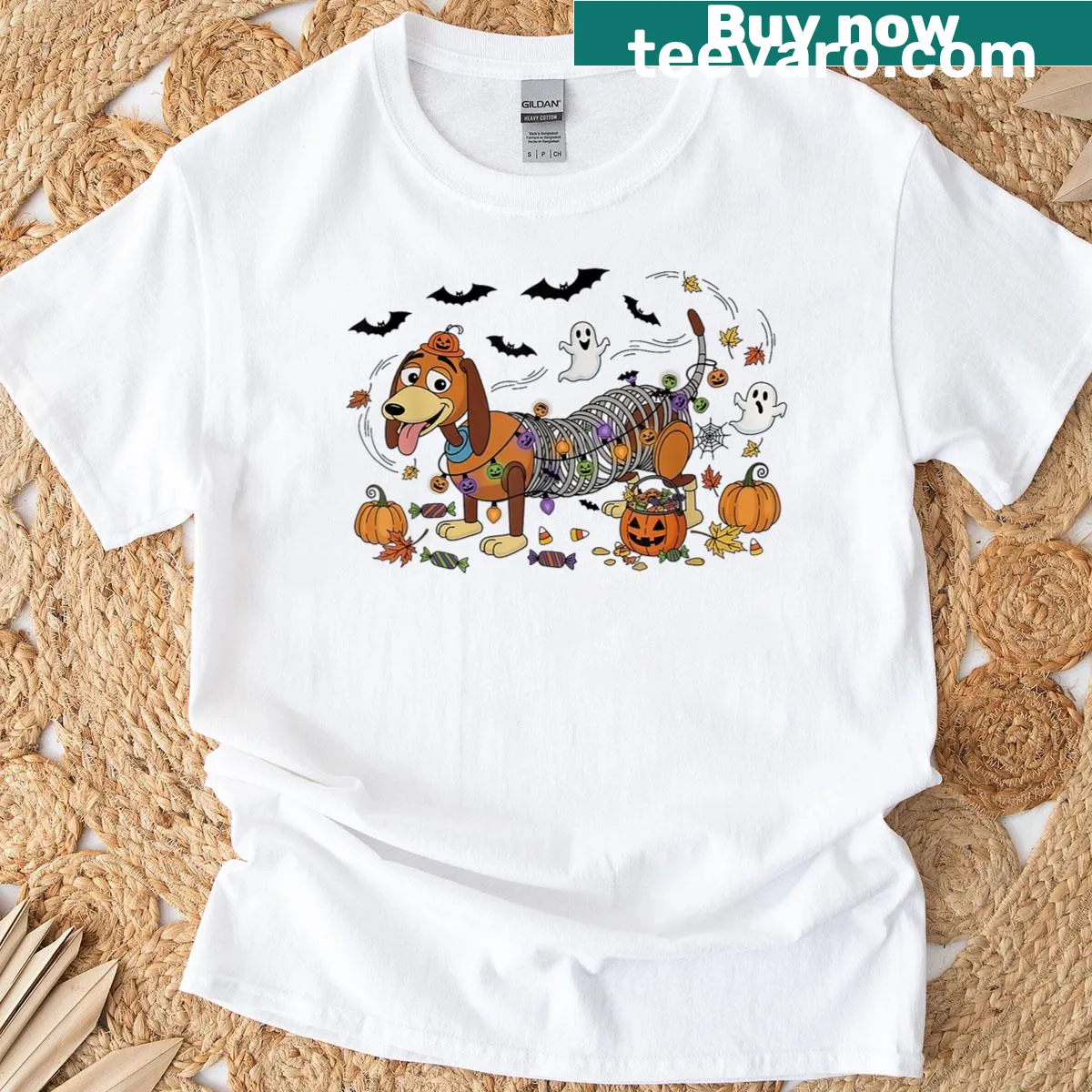 Cartoon slinky dachshund skeleton Halloween T-shirt — on a men's t-shirt