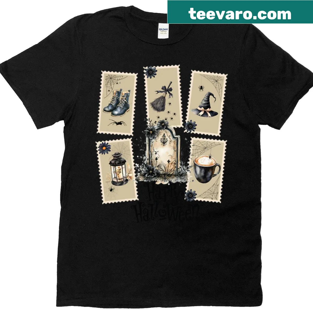 Gothic aesthetic Halloween stamp collection T-shirt — on a men's t-shirt