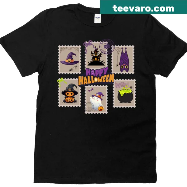 Halloween-themed spooky stamp collection graphic on T-shirt