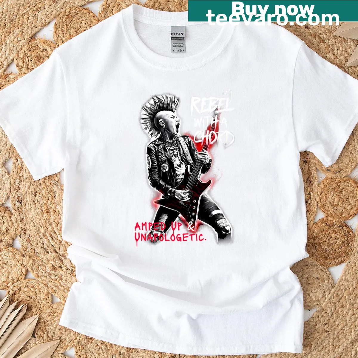 Distressed t-shirt featuring punk rock lettering and guitar imagery — on a men's t-shirt