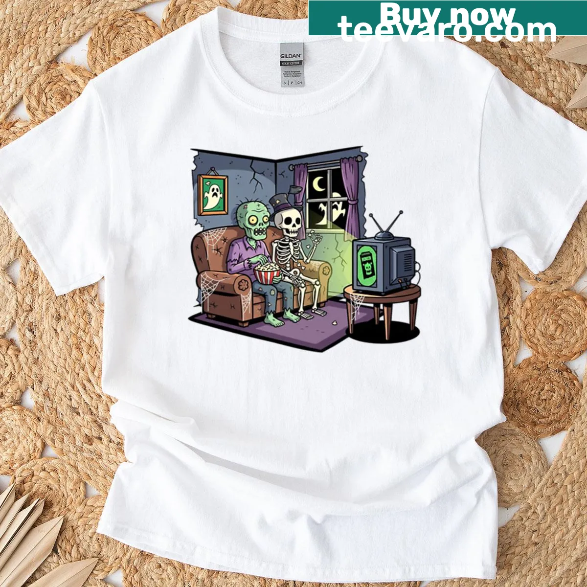 Haunted house graphic for Halloween — on a men's t-shirt