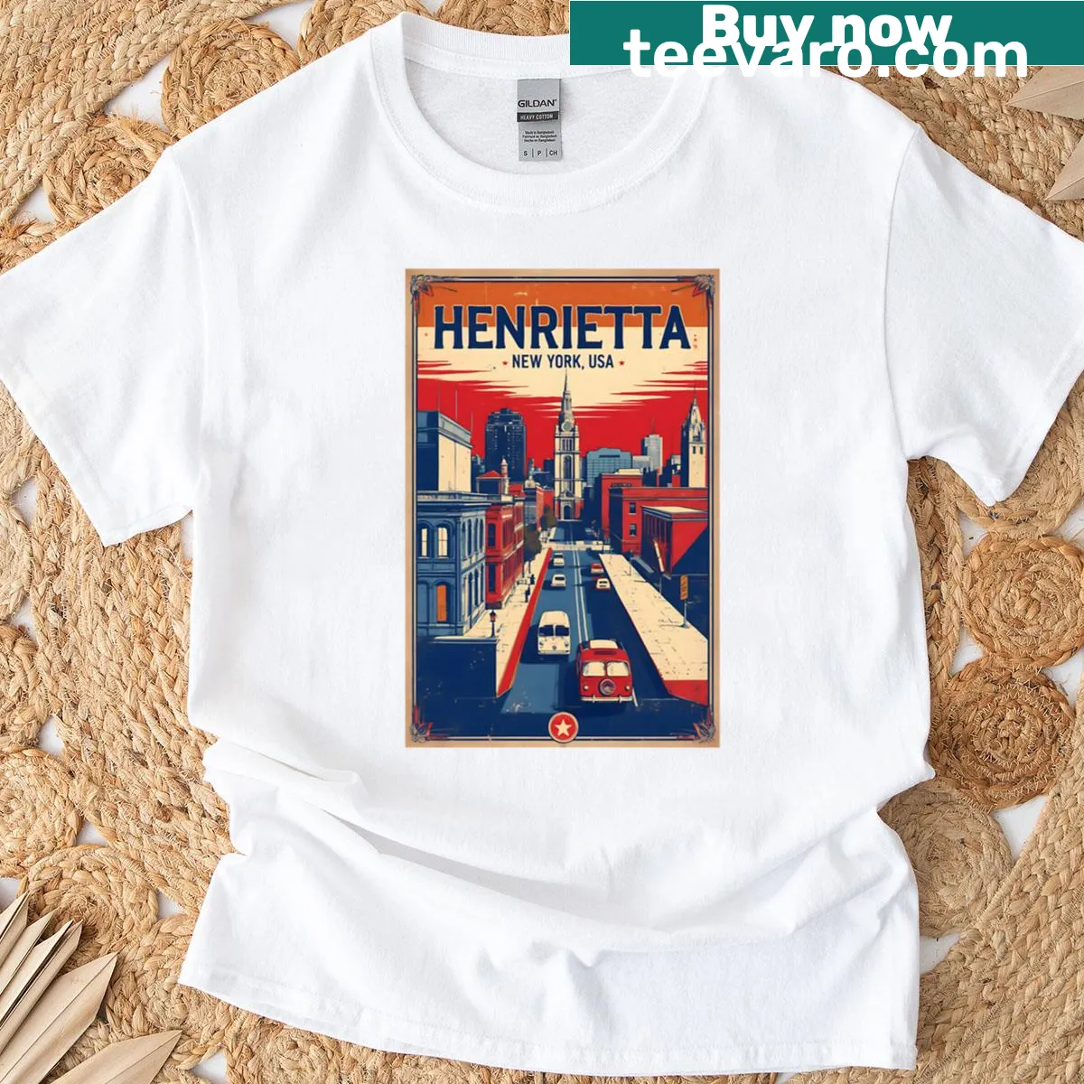 Vintage travel graphic featuring Henrietta, New York — on a men's t-shirt