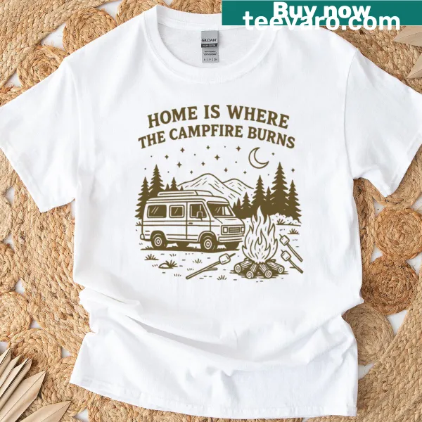 Illustration of a campfire with text: Home Is Where The Campfire Burns