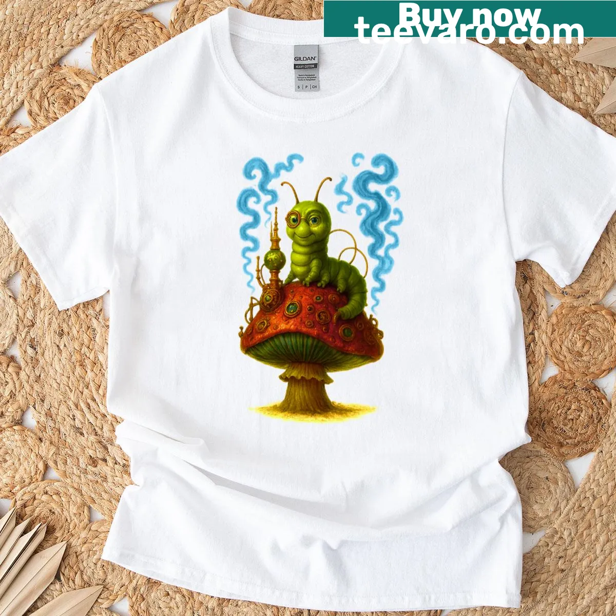 Cartoon caterpillar with a hookah graphic — on a men's t-shirt
