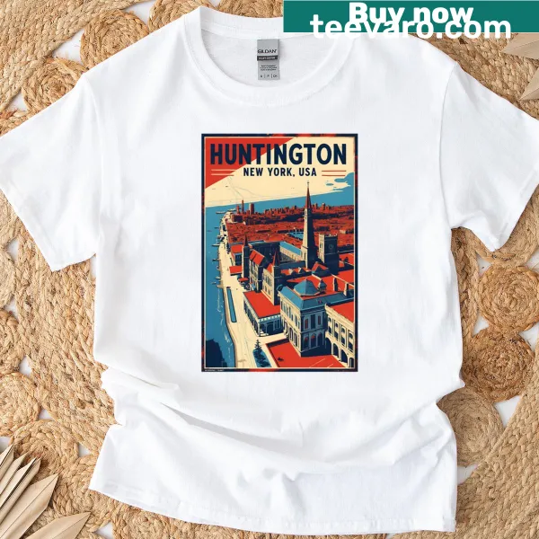 Vintage-style t-shirt featuring Huntington, New York travel design from the 1950s