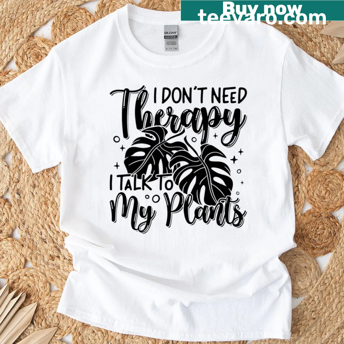 T-shirt with humorous text about houseplants as therapy — on a men's t-shirt