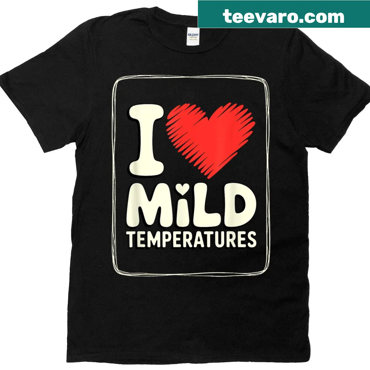 Graphic tee expressing love for mild temperatures with heart design — on a men's t-shirt