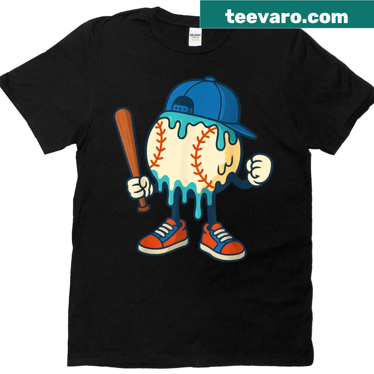 Cartoon t-shirt with ice cream melting into a baseball graphic — on a men's t-shirt