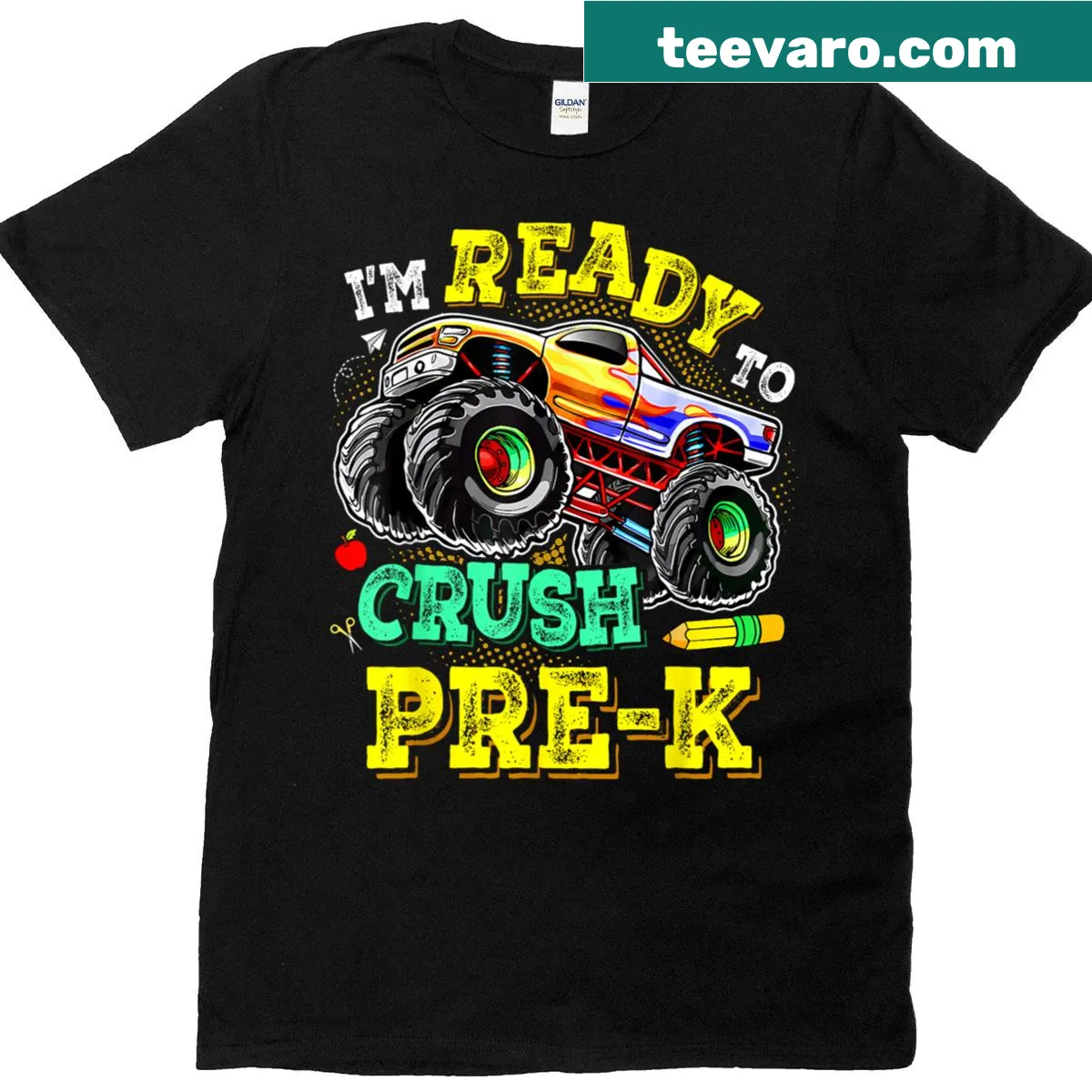 Kids T-shirt with monster truck graphic and text about pre-K — on a men's t-shirt