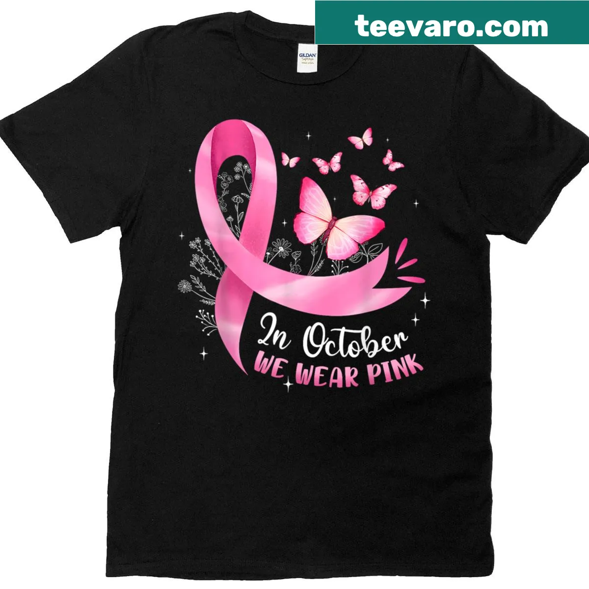 Breast cancer awareness T-shirt with pink ribbon and butterfly design — on a men's t-shirt