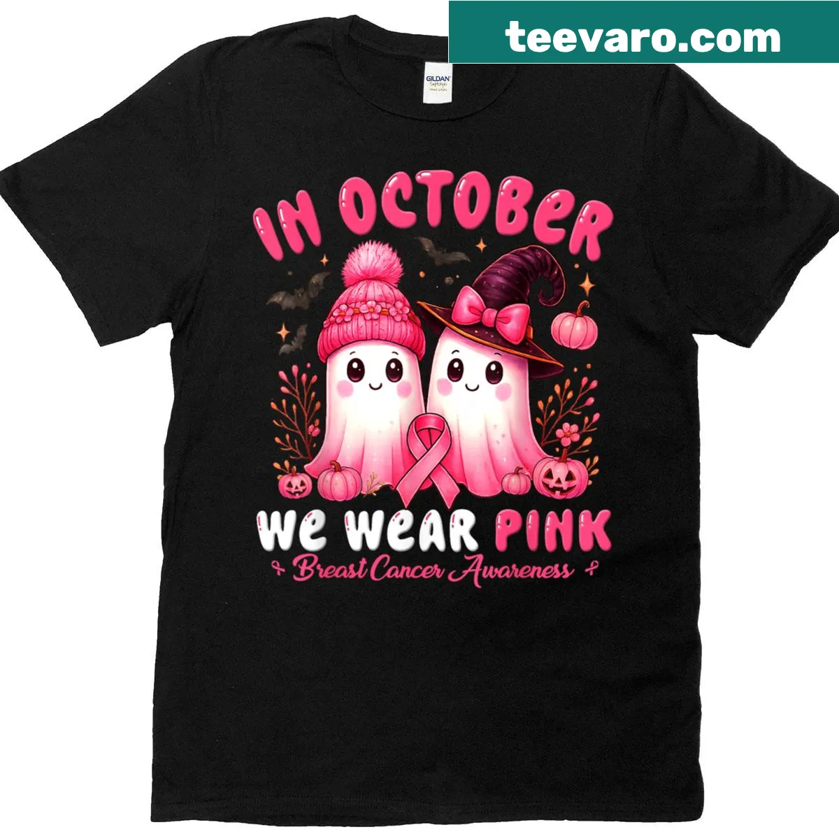T-shirt with 'In October We Wear Pink' text and ghost graphics — on a men's t-shirt