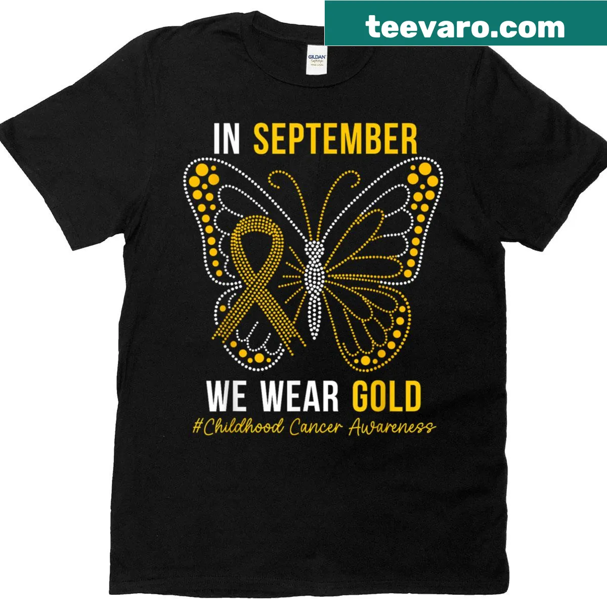T-shirt with butterfly design supporting childhood cancer awareness — on a men's t-shirt