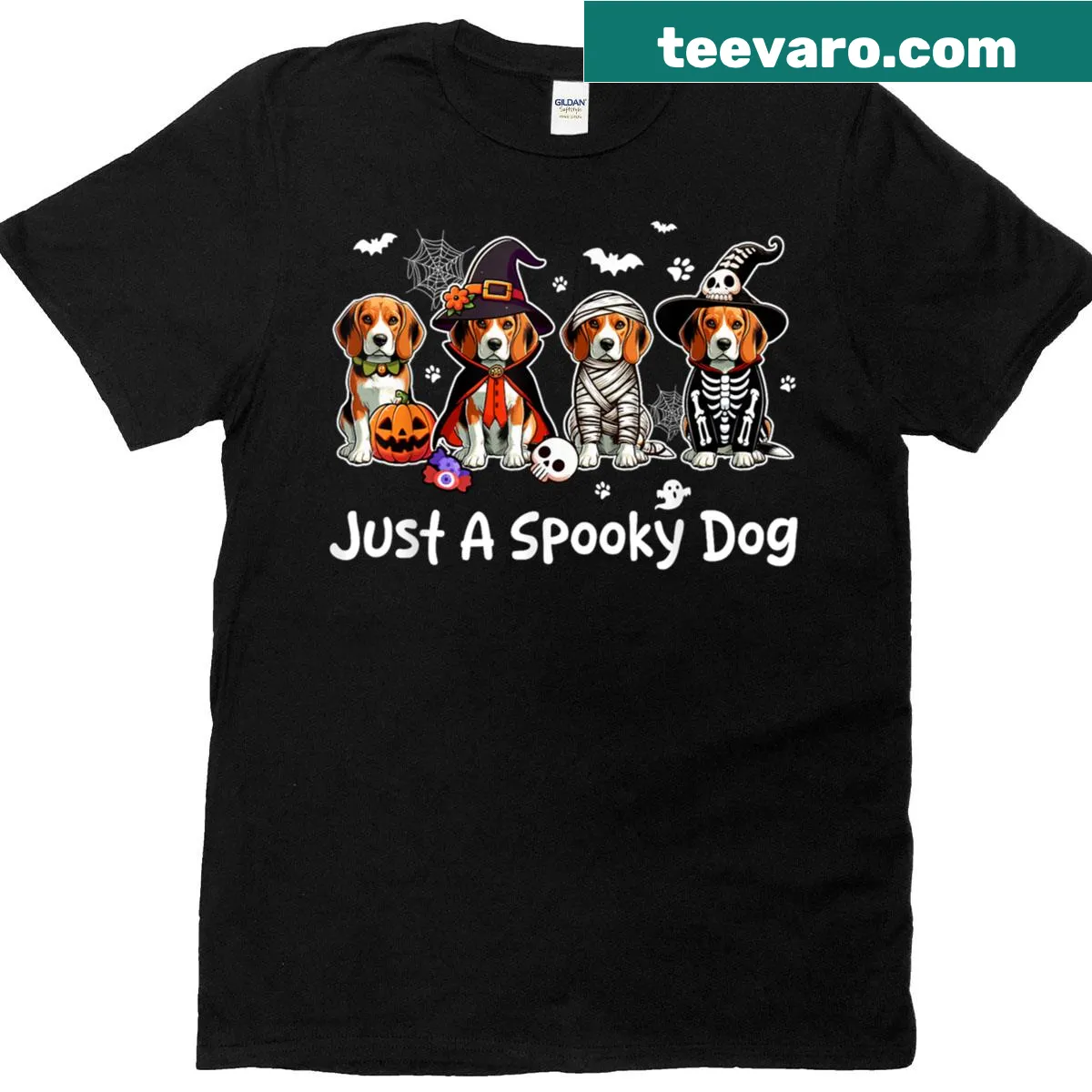Halloween T-shirt featuring beagles in witch and mummy costumes — on a men's t-shirt