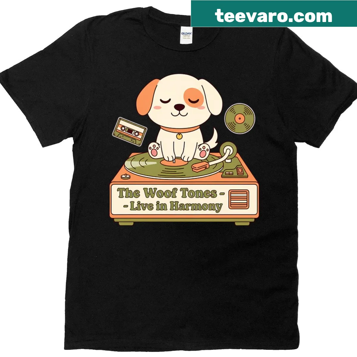 Cute cartoon puppy with vinyl cassette design on T-shirt — on a men's t-shirt