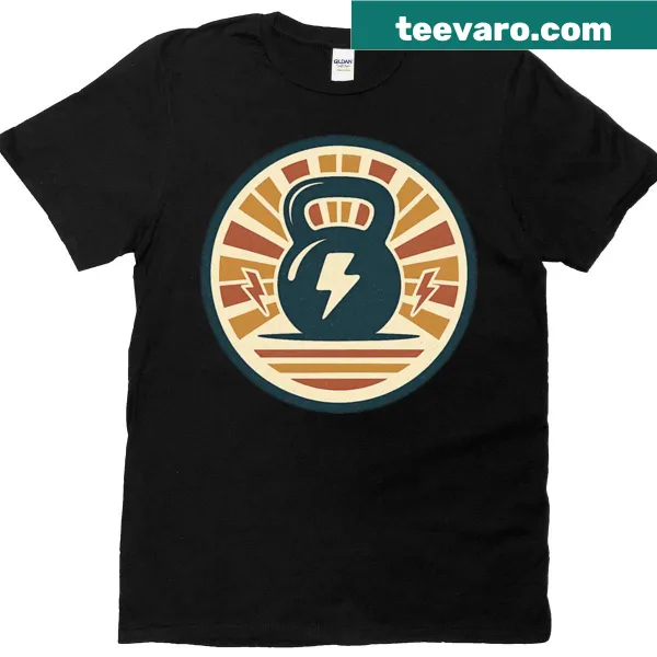 Retro kettlebell graphic t-shirt designed for fitness enthusiasts