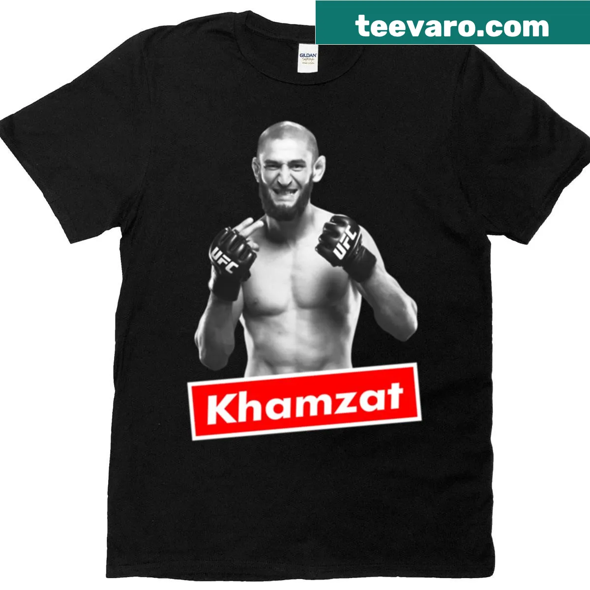 Bold typography T-shirt featuring Khamzat Chimaev — on a men's t-shirt