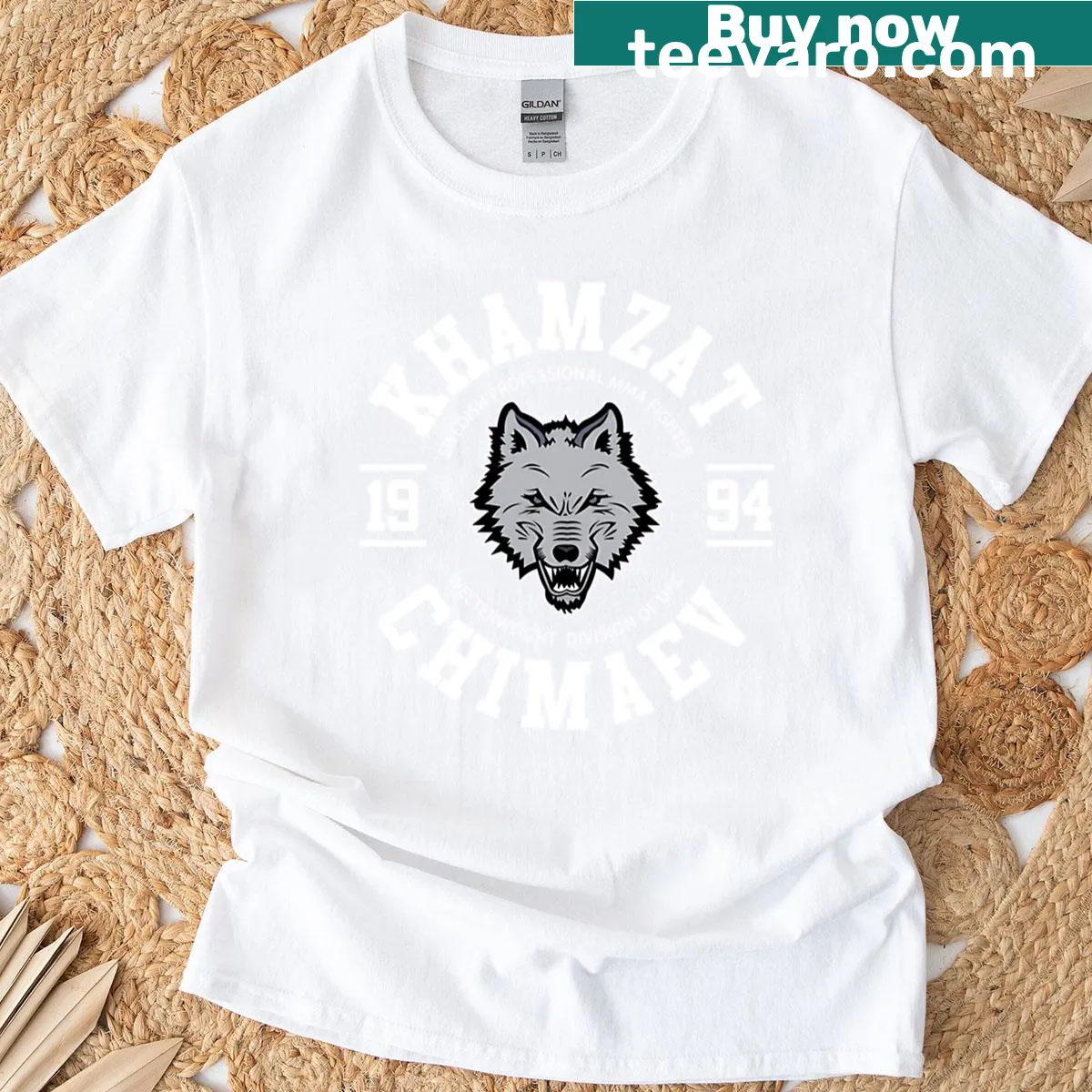 MMA t-shirt featuring Khamzat Chimaev, 'Wolf Of Grozny' illustration — on a men's t-shirt