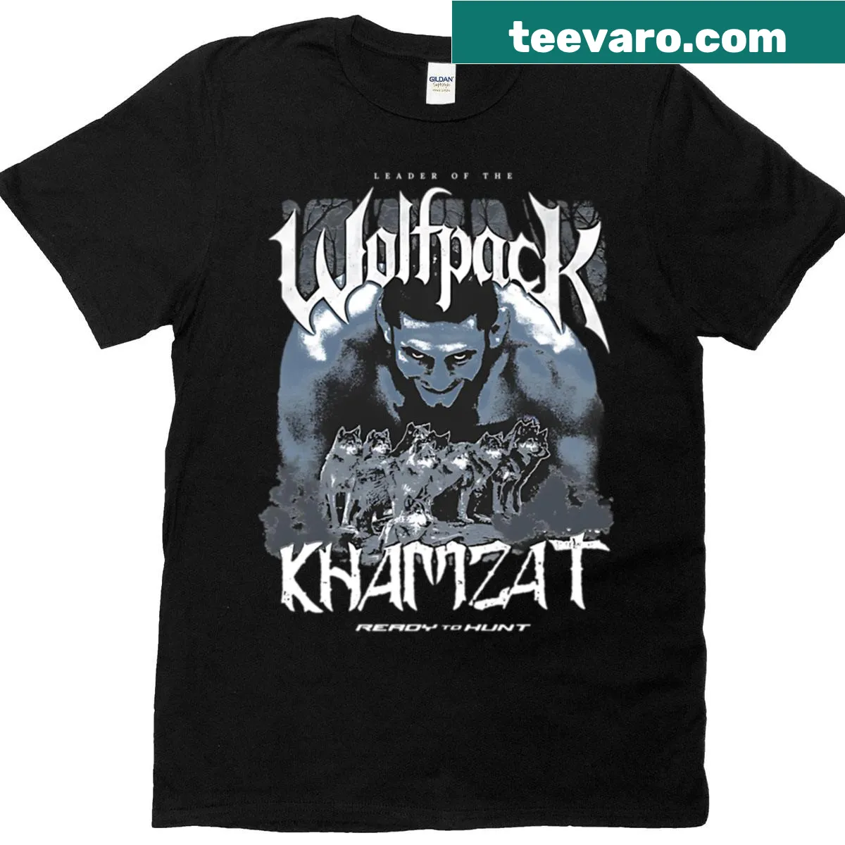 Illustrated T-shirt featuring Khamzat Chimaev and Wolfpac theme — on a men's t-shirt