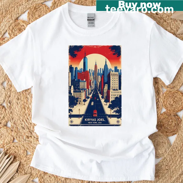 Vintage-style Kiryas Joel travel t-shirt with 1950s typography