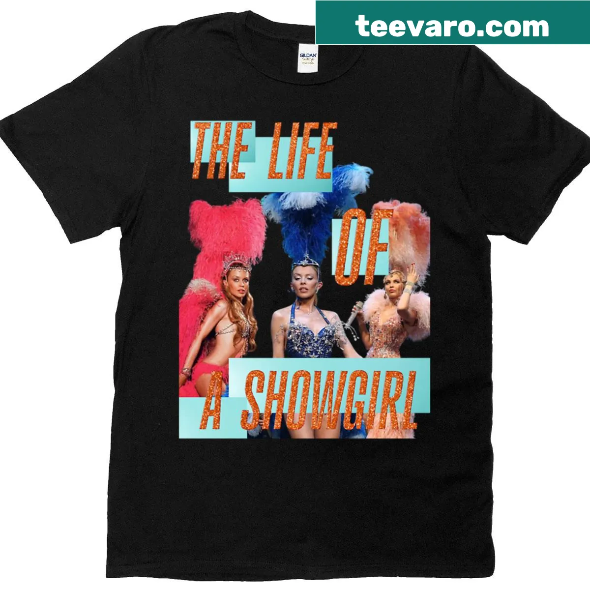 Playful T-shirt celebrating showgirl theme with bold design — on a men's t-shirt