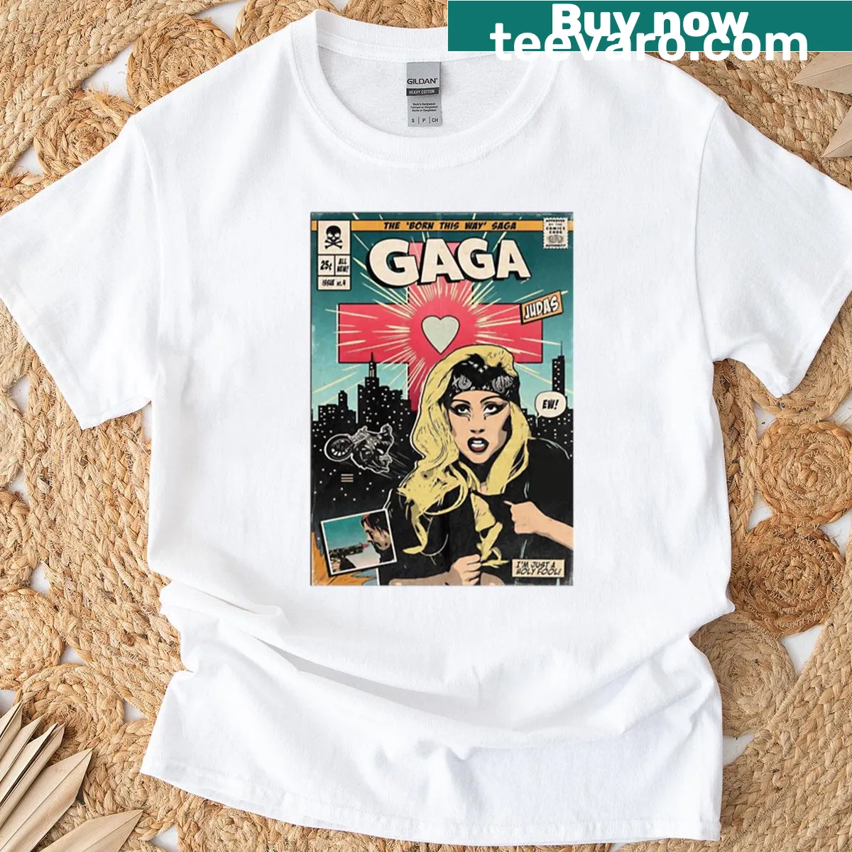Oversized T-shirt with vintage comic poster design of Lady Gaga's Judas — on a men's t-shirt