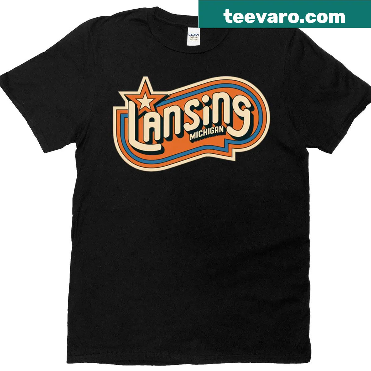 Retro Lansing Michigan t-shirt with a star design — on a men's t-shirt
