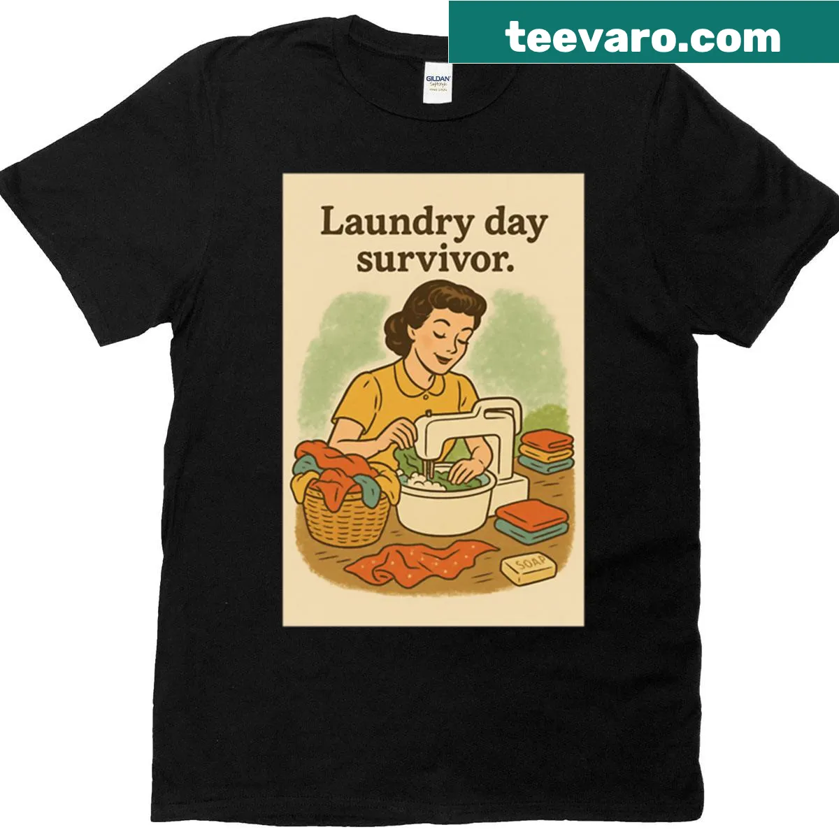Vintage distressed T-shirt with housewife illustration for laundry day — on a men's t-shirt