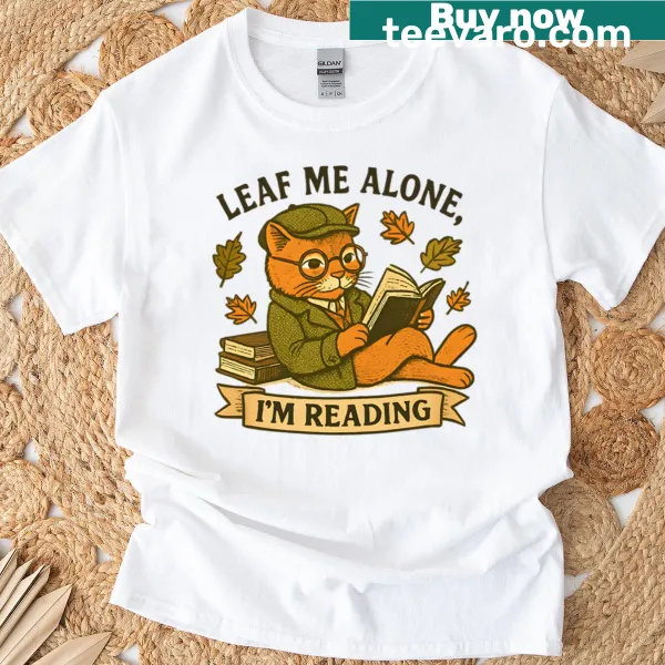 Vintage T-shirt with 'Leaf Me Alone I'm Reading' and autumn cat design