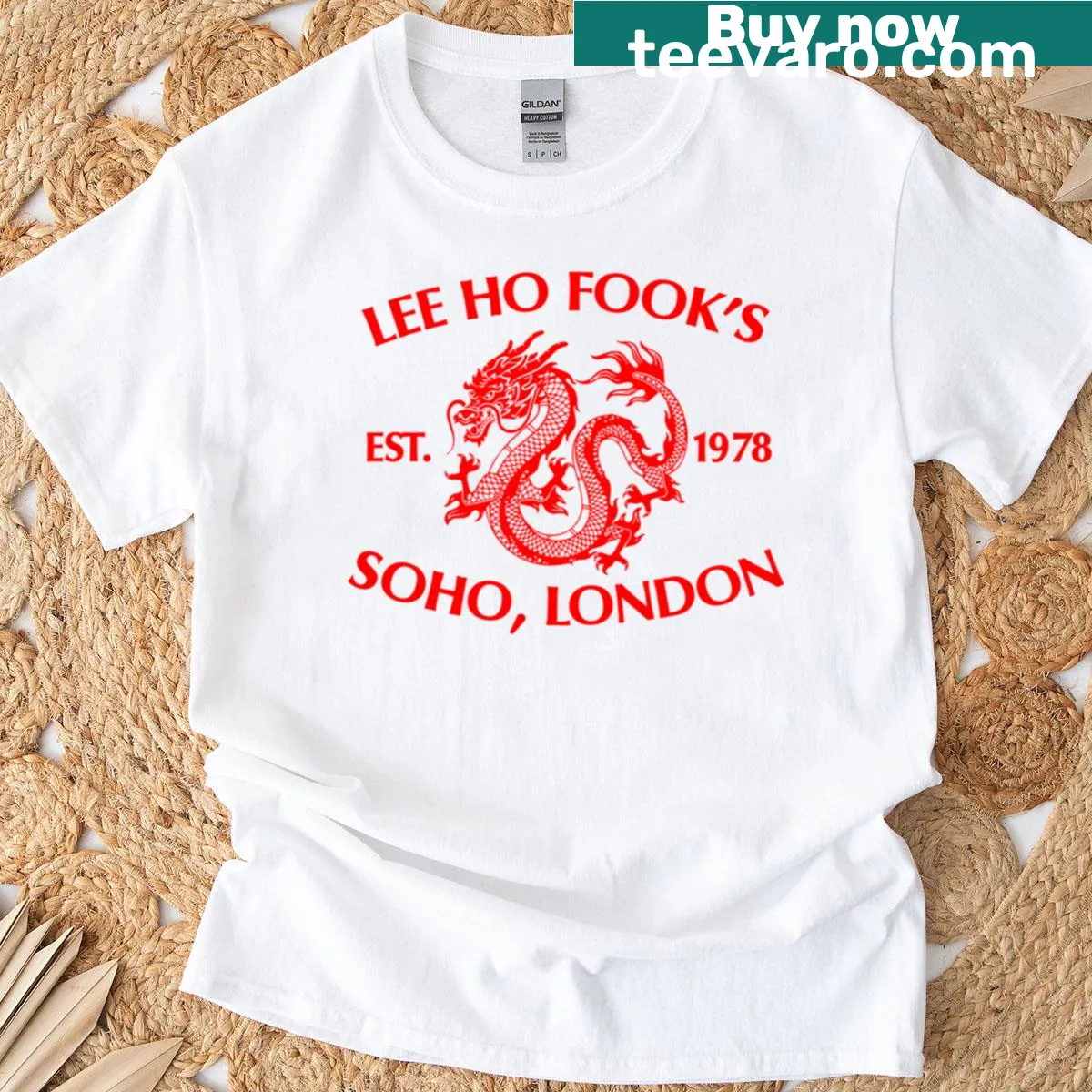 Bold typography featuring 'Lee Ho Fooks' on a t-shirt — on a men's t-shirt