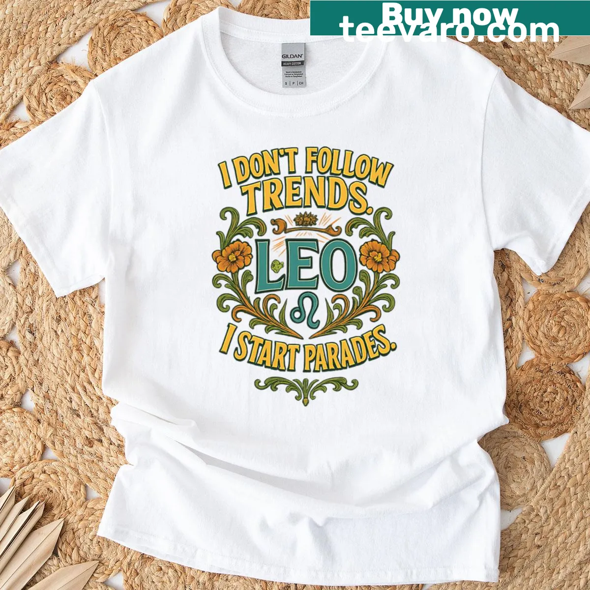 Art Nouveau design with the phrase 'I Don't Follow Trends, I Start Parades.' — on a men's t-shirt