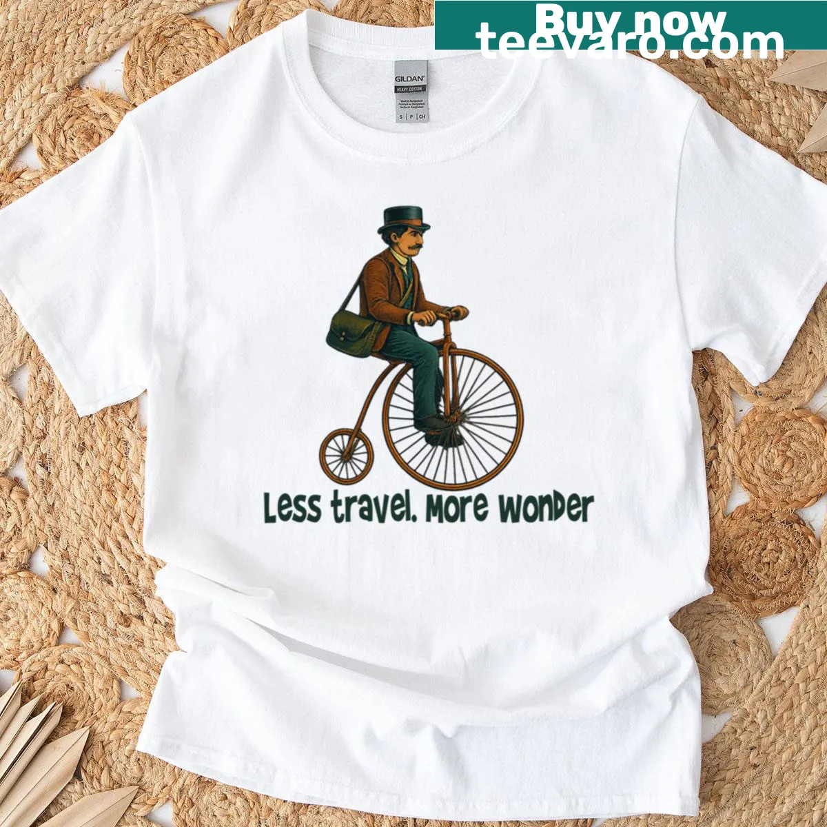 Typography T-shirt with the text 'Less Travel More Wonder' — on a men's t-shirt