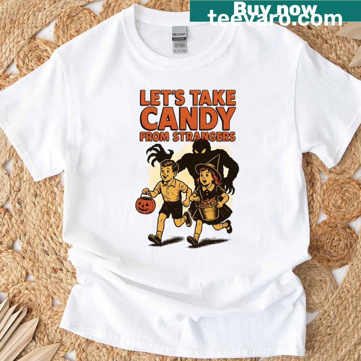 Funny Halloween t-shirt with retro design: 'Lets Take Candy From Strangers' — on a men's t-shirt
