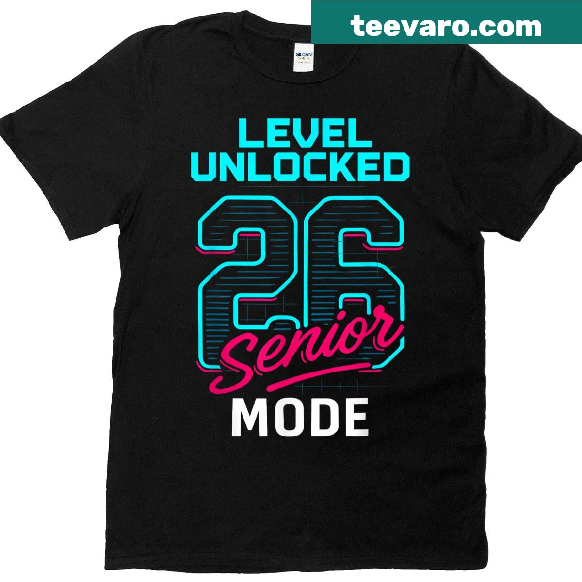 Graduation T-shirt with 'Level Unlocked 2026 Senior Mode' text — on a men's t-shirt