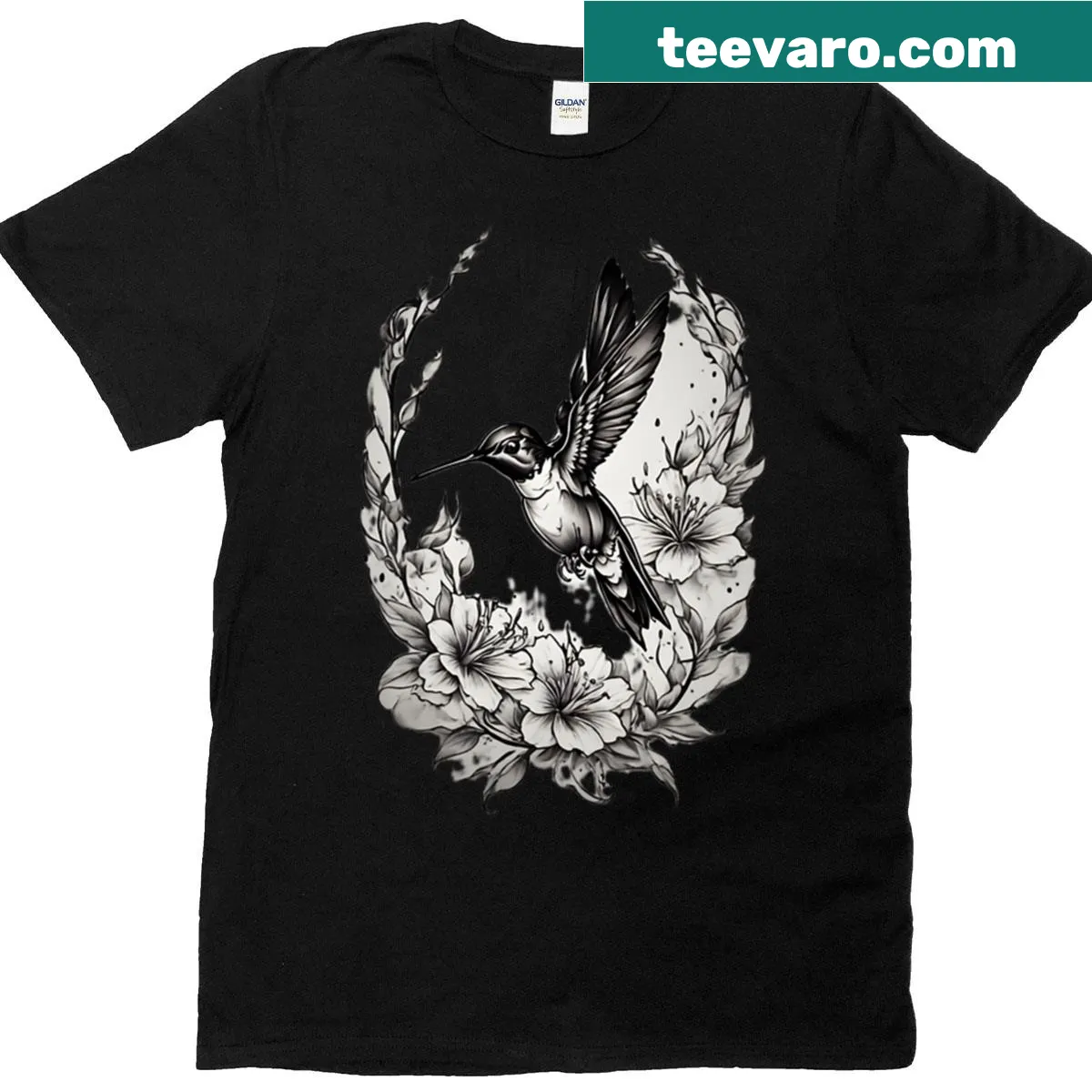 Illustrative T-shirt featuring a beautiful hummingbird design — on a men's t-shirt