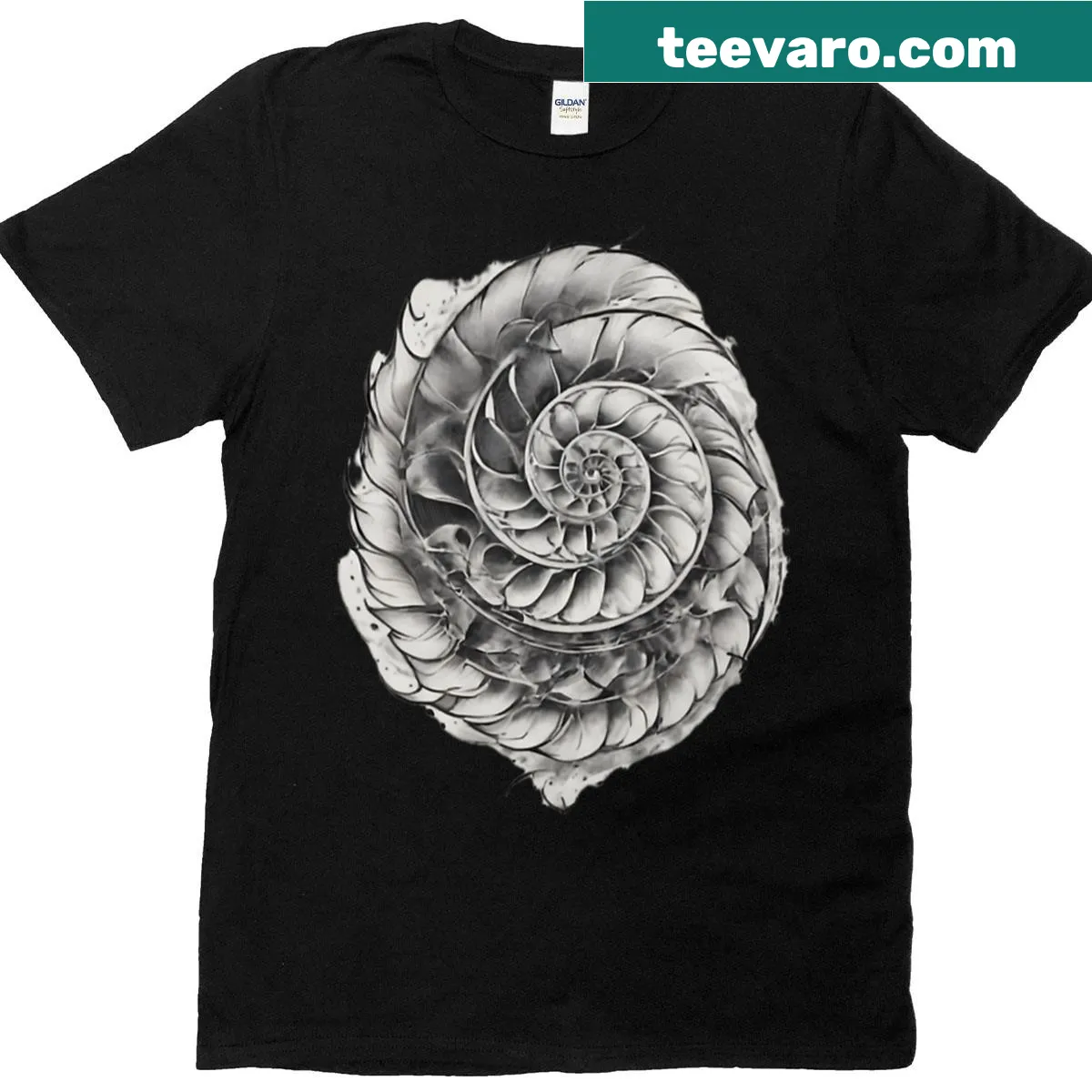Minimalist t-shirt featuring a Nautilus Spiral line-art design — on a men's t-shirt