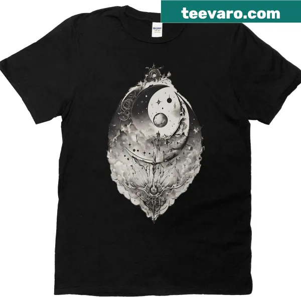 Delicate sun and crescent illustration on a stylish t-shirt
