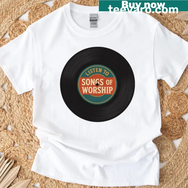 Vinyl record themed Christian T-shirt with worship message