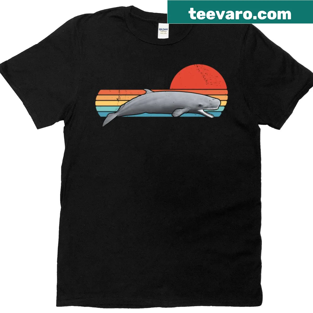 Retro sunset graphic featuring Livyatan Melvillei on oversized t-shirt. — on a men's t-shirt
