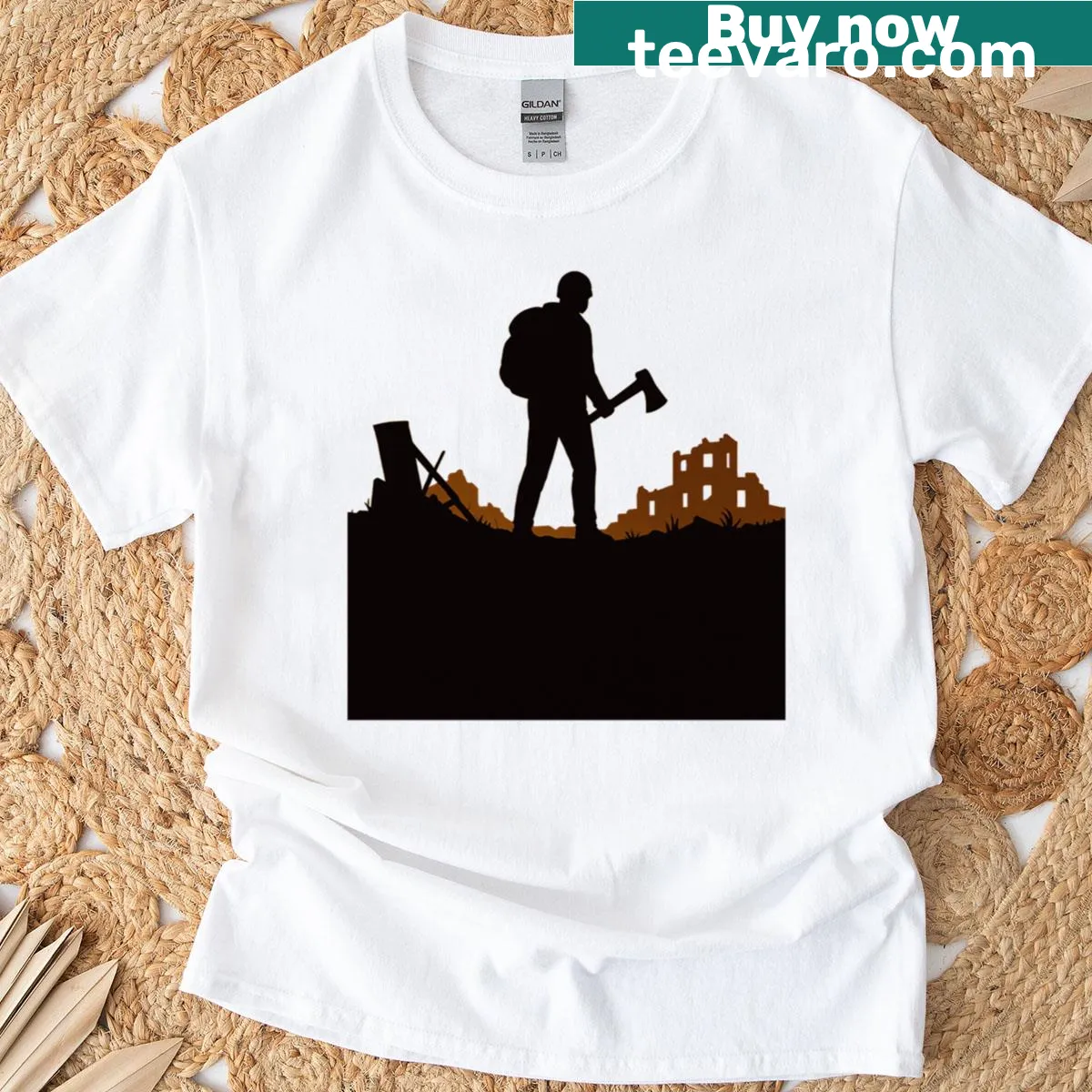 Minimalist post-apocalyptic design t-shirt. — on a men's t-shirt