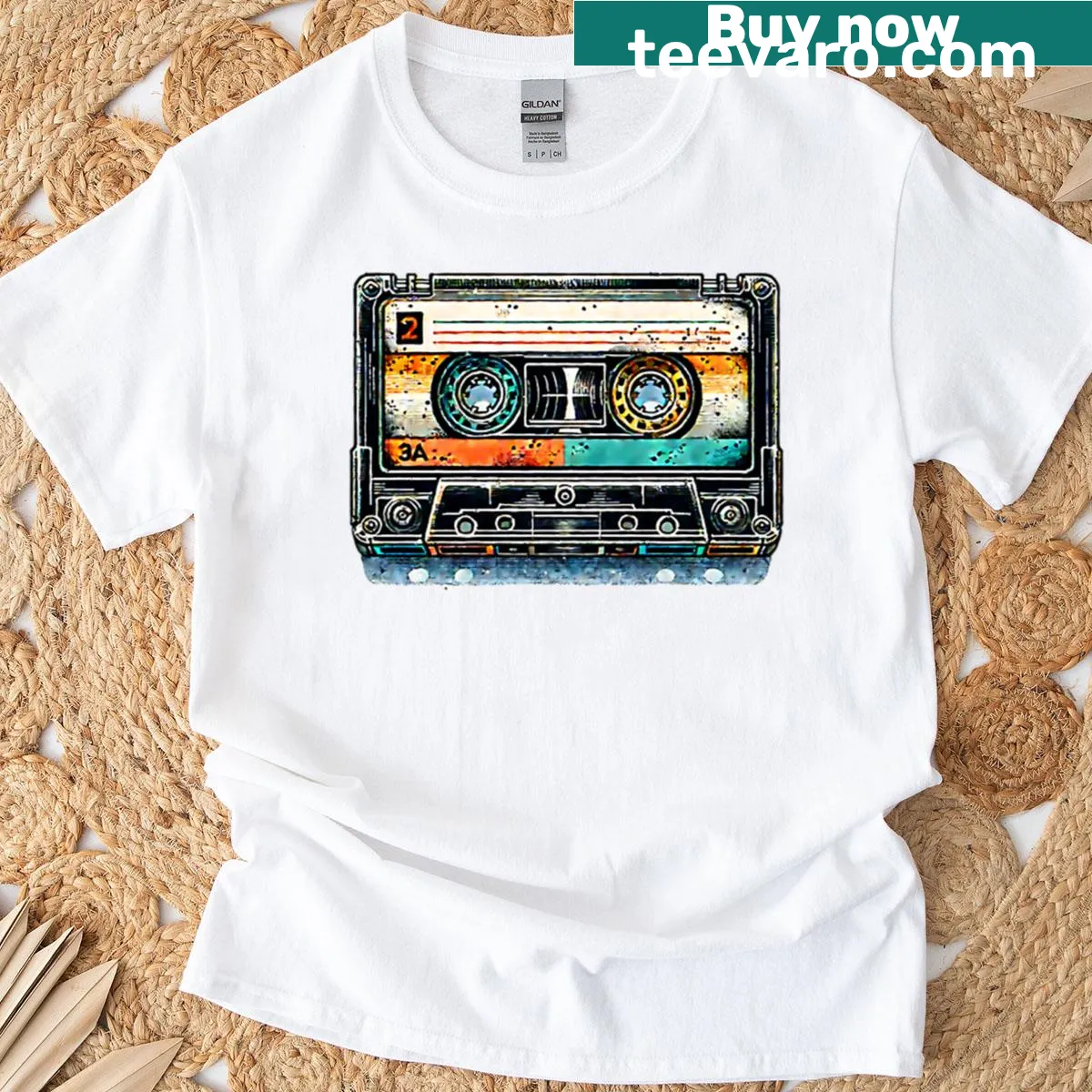 Retro tape design on T-shirt highlighting magnetic memory — on a men's t-shirt