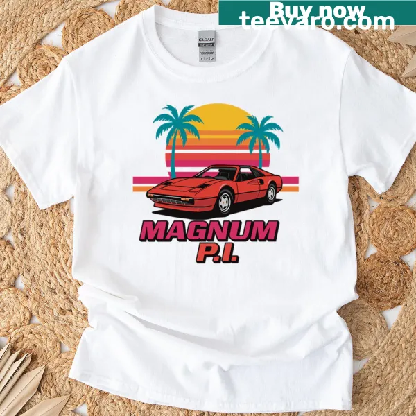 Retro T-shirt featuring classic car design with palm trees and sunset