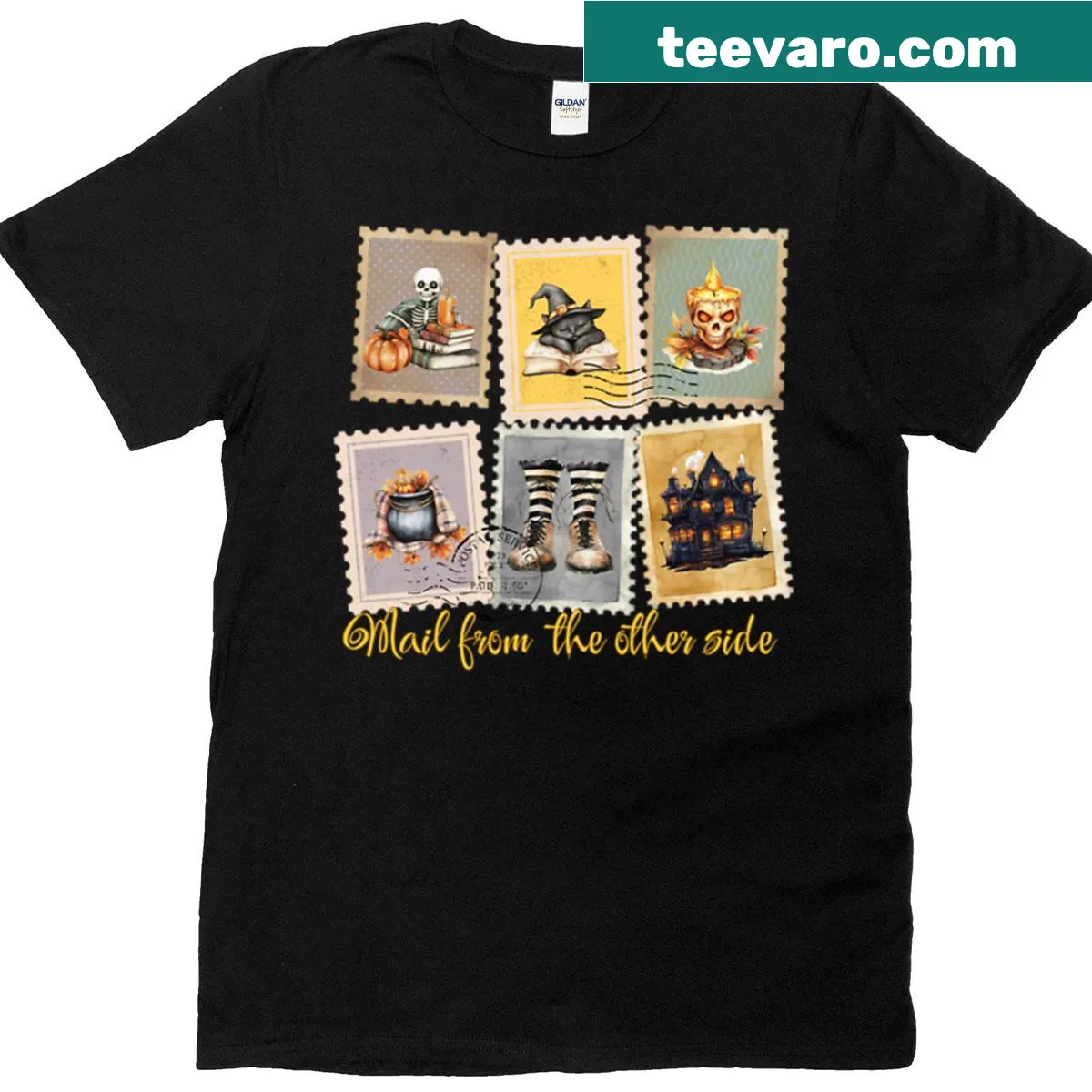 Haunted postage stamp collection graphic on spooky theme t-shirt. — on a men's t-shirt