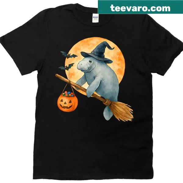 Illustration of a manatee in a witch hat with pumpkins for Halloween
