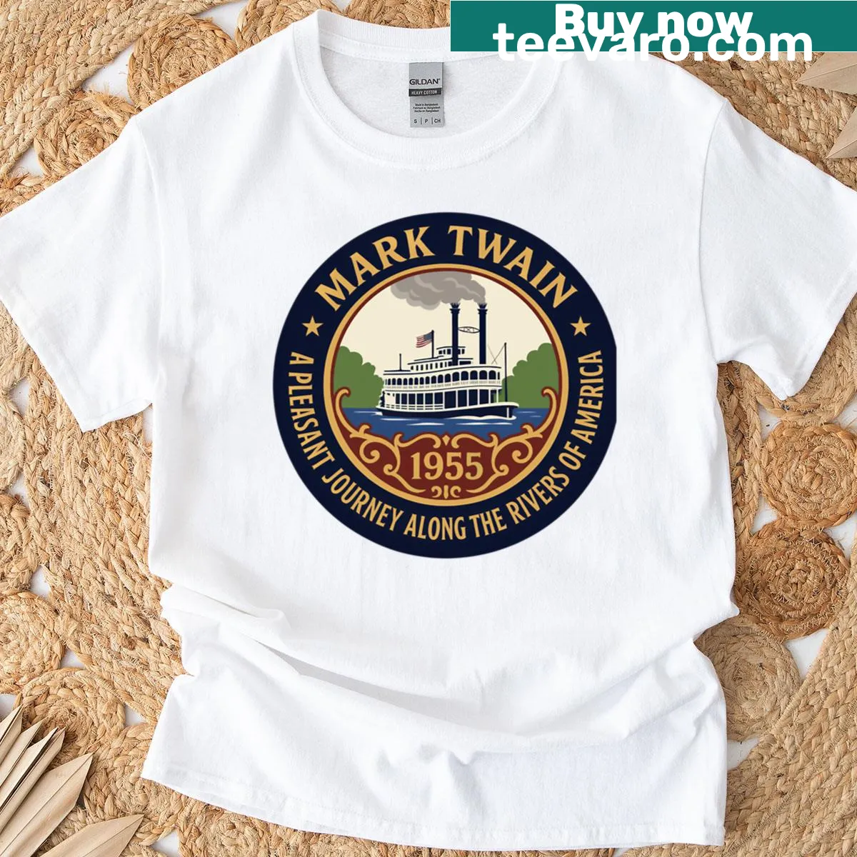Vintage-style mission patch design featuring a steamboat — on a men's t-shirt