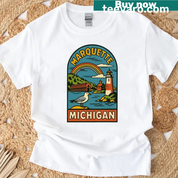 Vintage travel decal design representing Marquette Michigan on a t-shirt