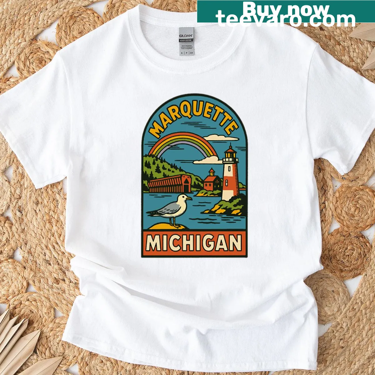 Vintage travel decal design representing Marquette Michigan on a t-shirt — on a men's t-shirt