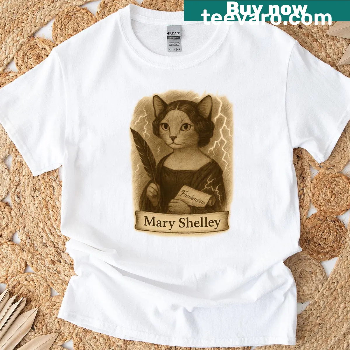 Gothic-style t-shirt featuring a portrait of Mary Shelley and a cat. — on a men's t-shirt