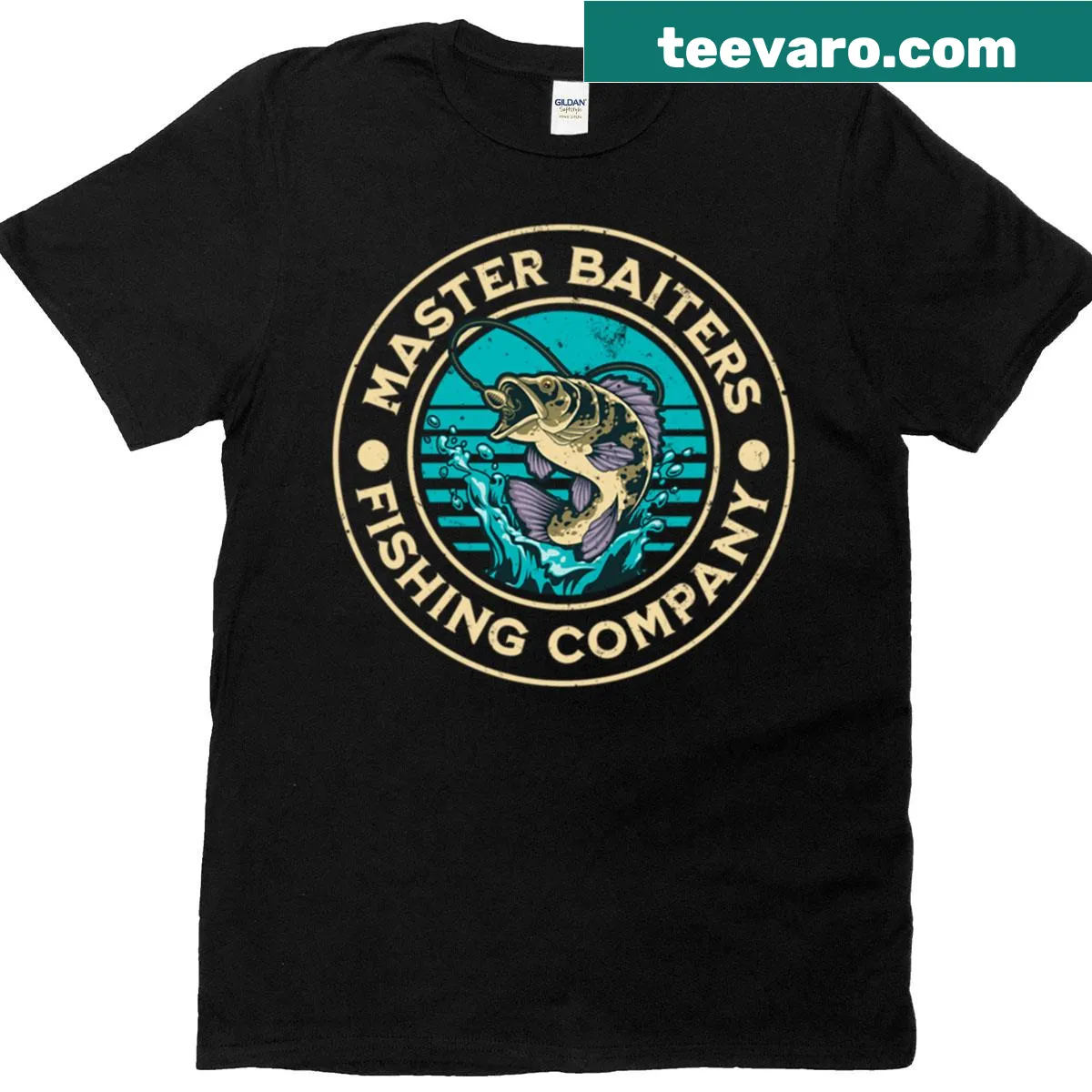 Vintage-style T-shirt with 'Master Baiters Fishing Company' text — on a men's t-shirt