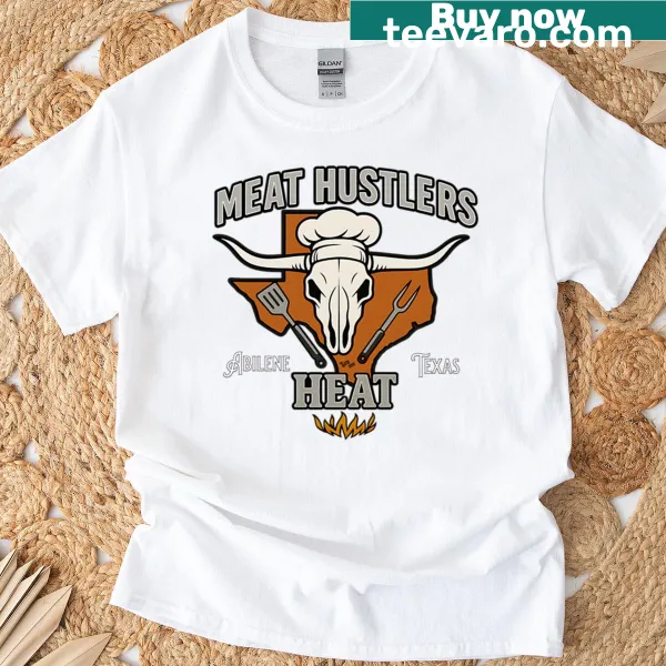 Playful graphic of Meat Hustlers with barbecue theme on T-shirt.