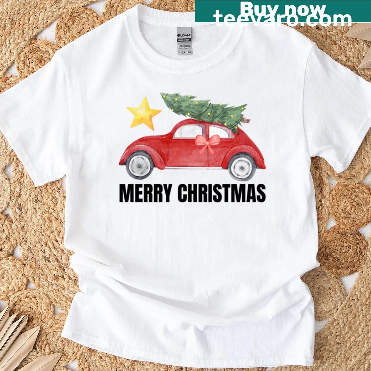 Watercolor graphic T-shirt featuring a Christmas-themed car — on a men's t-shirt